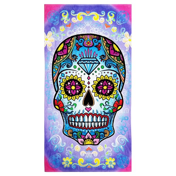 Rockin Towel Sugar Skull Beach Towels 30" x 60" Soft Cotton Velour Beautiful Novelty Fun Towels for Men & Women, Skull Beach Towel (1)