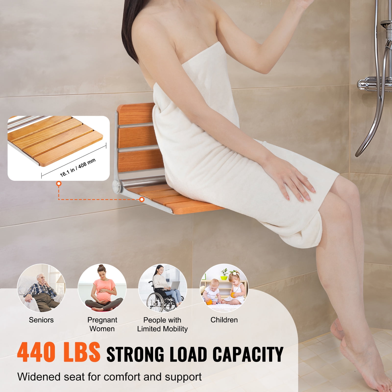 KFFKFF Oak Shower Bench, Wall Mount, 16.1" x 13.4", Folds Up, 440 lbs Capacity, Compact Design for Elderly, Pregnant, Kids