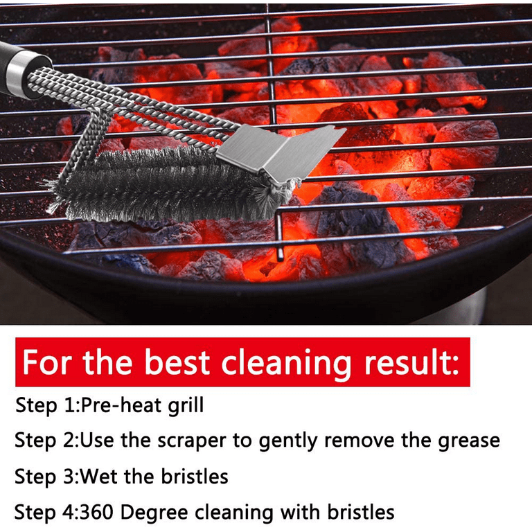 NEXCOVER BBQ Grill Brush – 18” Barbecue Cleaning Brush, Stainless Steel Grill Grate Cleaner, Safe Wire Scrubber, 3 in 1 Bristles BBQ Brush