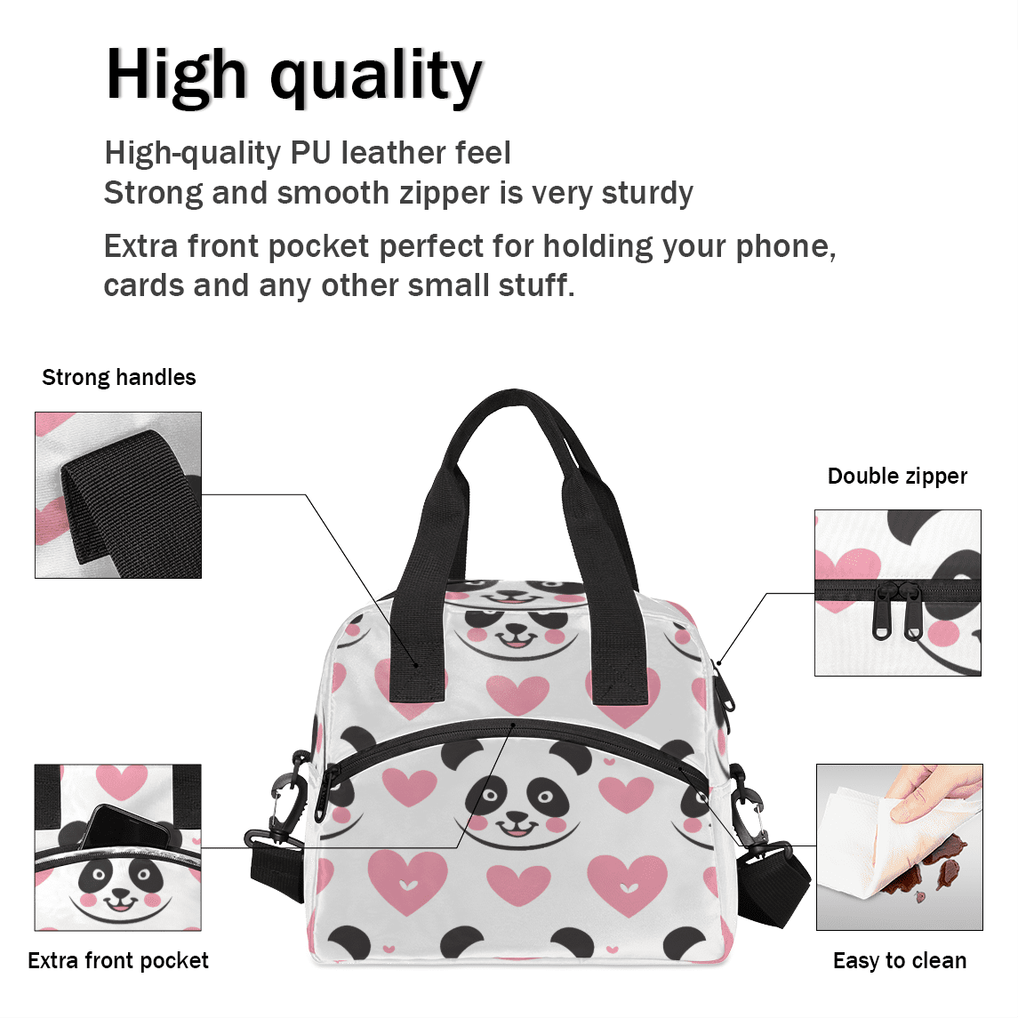 Herdesigns Cute Pandas Insulated Lunch Bag for Women Men Adults Large Reusable Lunch Box Pink Heart Leakproof Cooler Tote Bags with Adjustable Shoulder Strap
