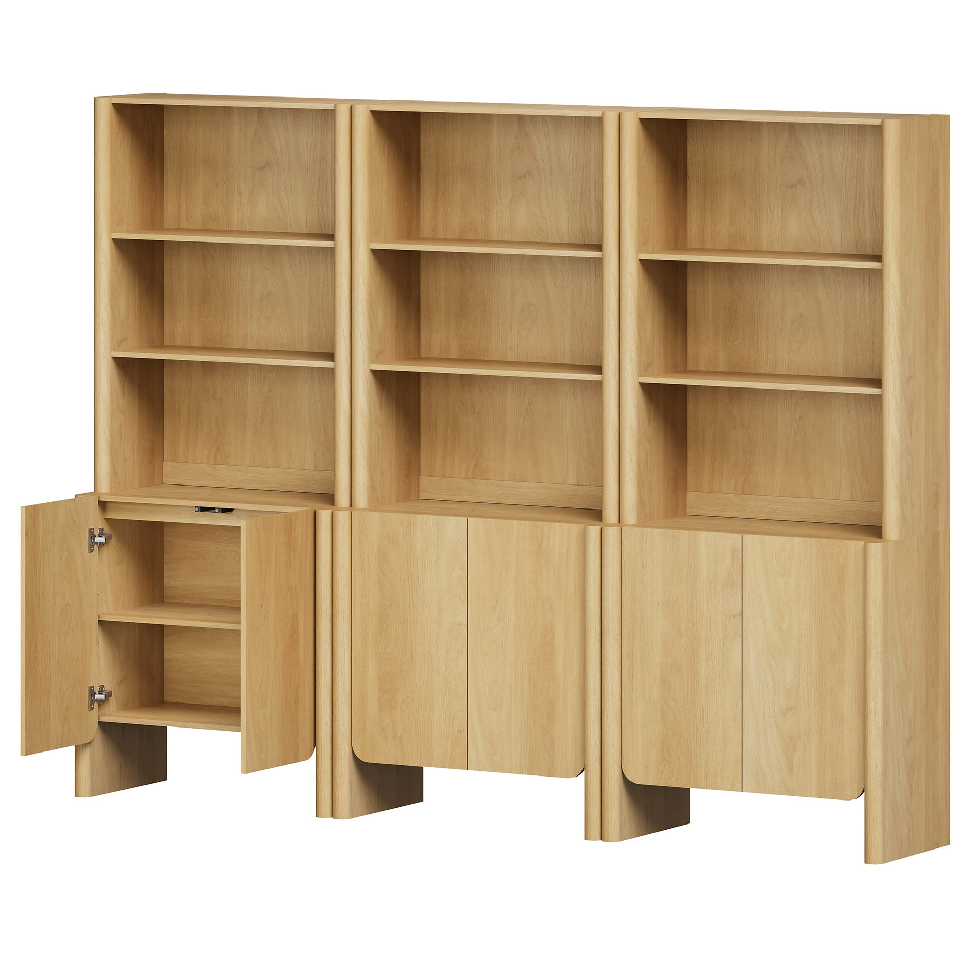 94.5-Inch Modern French Bookcase with Curved Edges, Doors and Open Shelves, 72.8" Tall, Oak