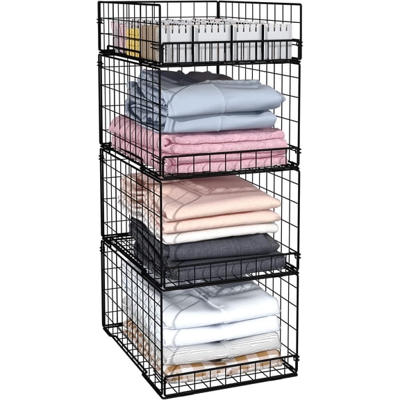 4 Pack Closet Organizers and Storage Shelves for Clothes, 4 Tier Stackable Closet Storage Basket Bin Container for Clothing Sweater Jean, Narrow, Foldable, Sturdy Metal System Organizer Shelf
