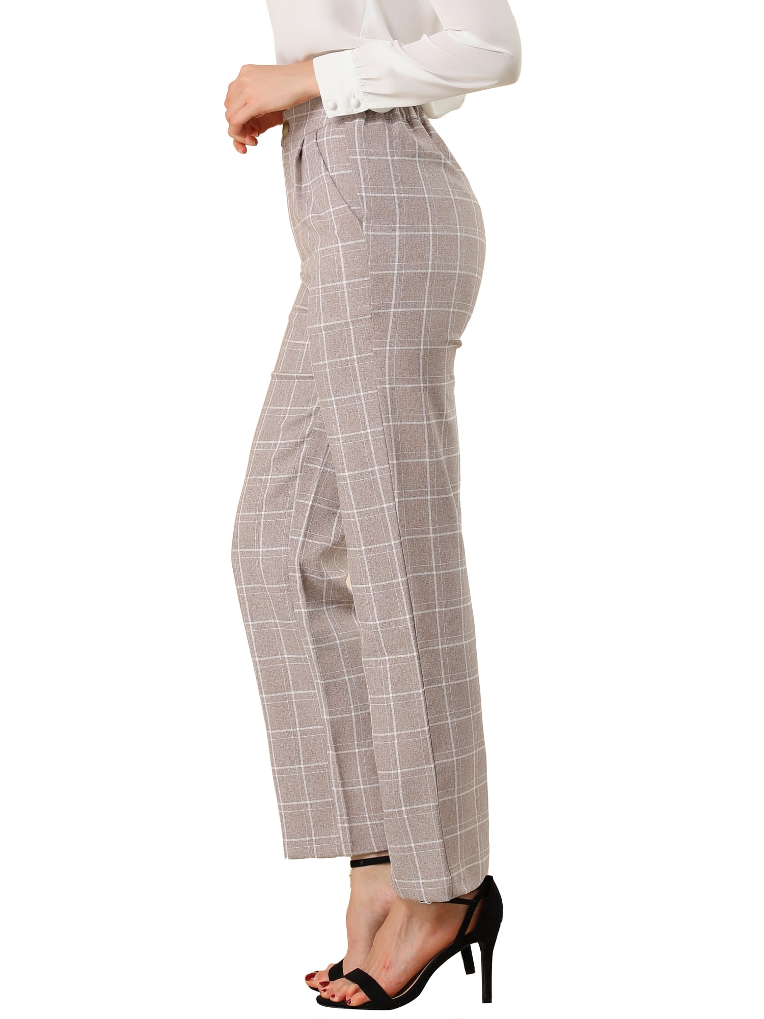 DARING DIVA Women's Plaid Trousers Pockets Straight Leg Casual Pant XL Camel