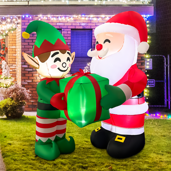 5 FT Inflatable Christmas Santa and Elves, Blow up Santa Claus and Elves Holding Gift Box  for Garden Patio Lawn Holiday Party Xmas