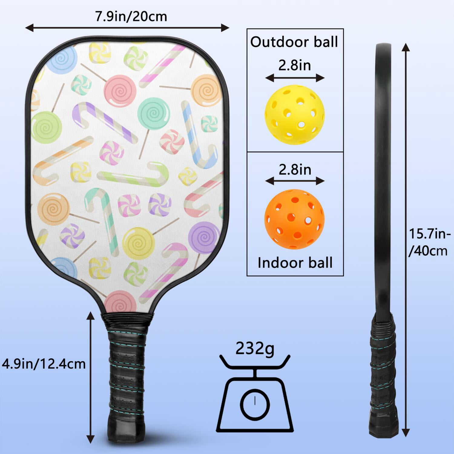 Pickleball Paddles Set Of 2, Fiberglass Surface, Sweet Candy Print, 4 Balls & Bag