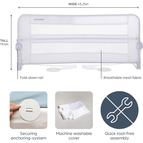 Dallas Bed Rail Guard - Toddlers Bed Rails - with Safety Anchors - Fits Up to Queen Size Mattress - Measures 43.25" Wide & 19.5" Tall - Model L7745, White