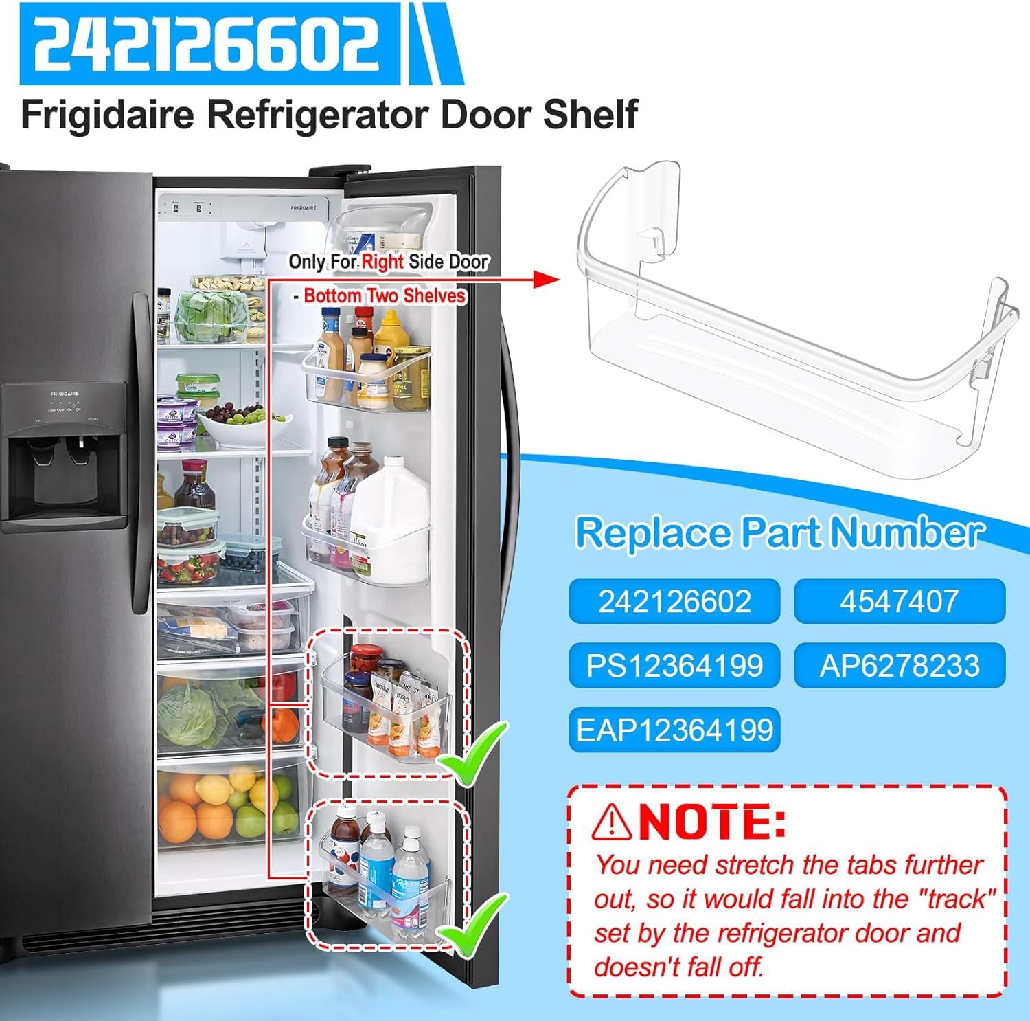 [2 PACK] UPGRADED 242126602 Refrigerator Door Bin Shelf Replacement For Frigidaire Door Shelf Replacement -LFSS2612TF0 Frigidaire Door Bin Bottom Shelf Parts 2421266