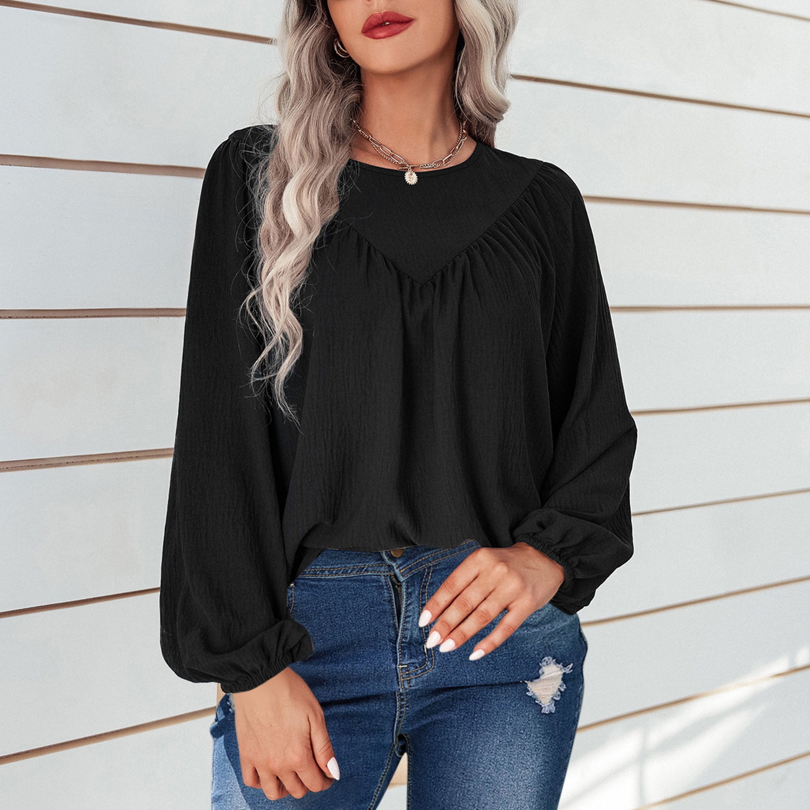 Plain Size Shirt & Shirts Tops Neck Dressy Autumn Tops Round Women Sleeve Patchwork Casual Blouses Sleeve 8-16 T Ladies Solid Loose Lantern Long