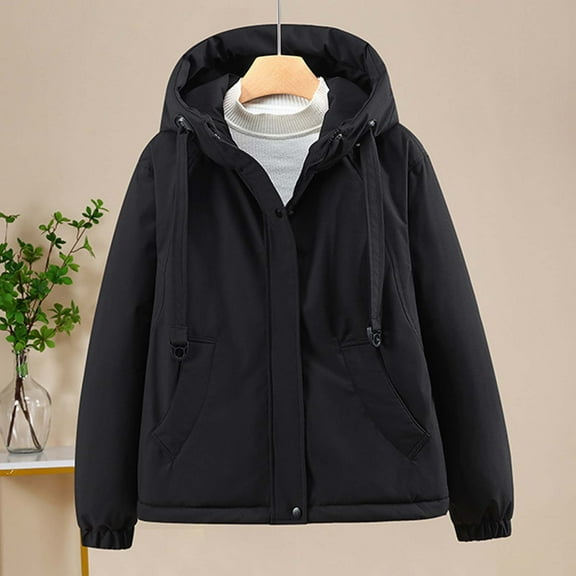 QUNYINEY Women Puffer Jackets Fall Hooded Black Zip Up Windbreaker with Pockets Loose Fit Long Sleeve Women's Coat