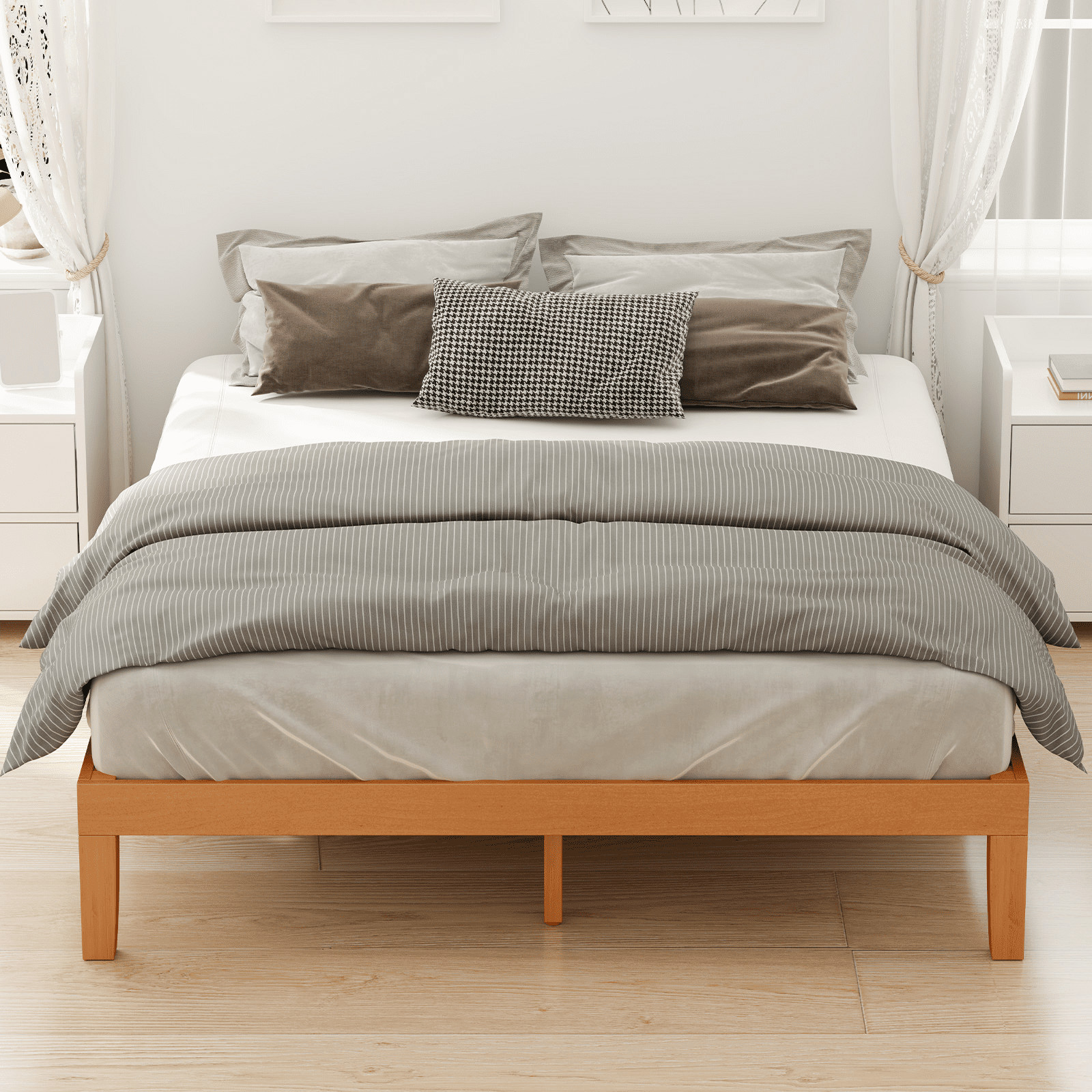 MAYEERTY Queen Wood Bed Frame - Natural Pine, Support Slats, Mattress Foundation​