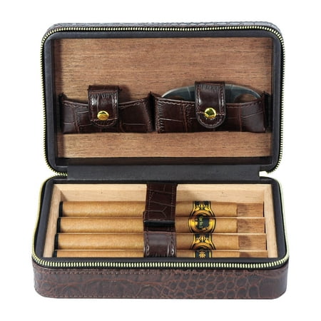 - 4 Cigar Cedar Wood Lined Portable Travel Case - Brown Crocodile PU Leather