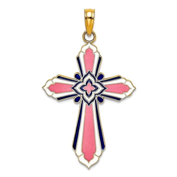 14k Gold 3-d Pink Enamel Religious Faith Cross With White Accent 28mm long Pendant Necklace for Women