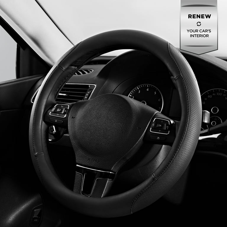 PU Leather Steering Wheel Cover - Non-Slip Lantern Pattern, Universal Fit 14.5"-15", Black/White