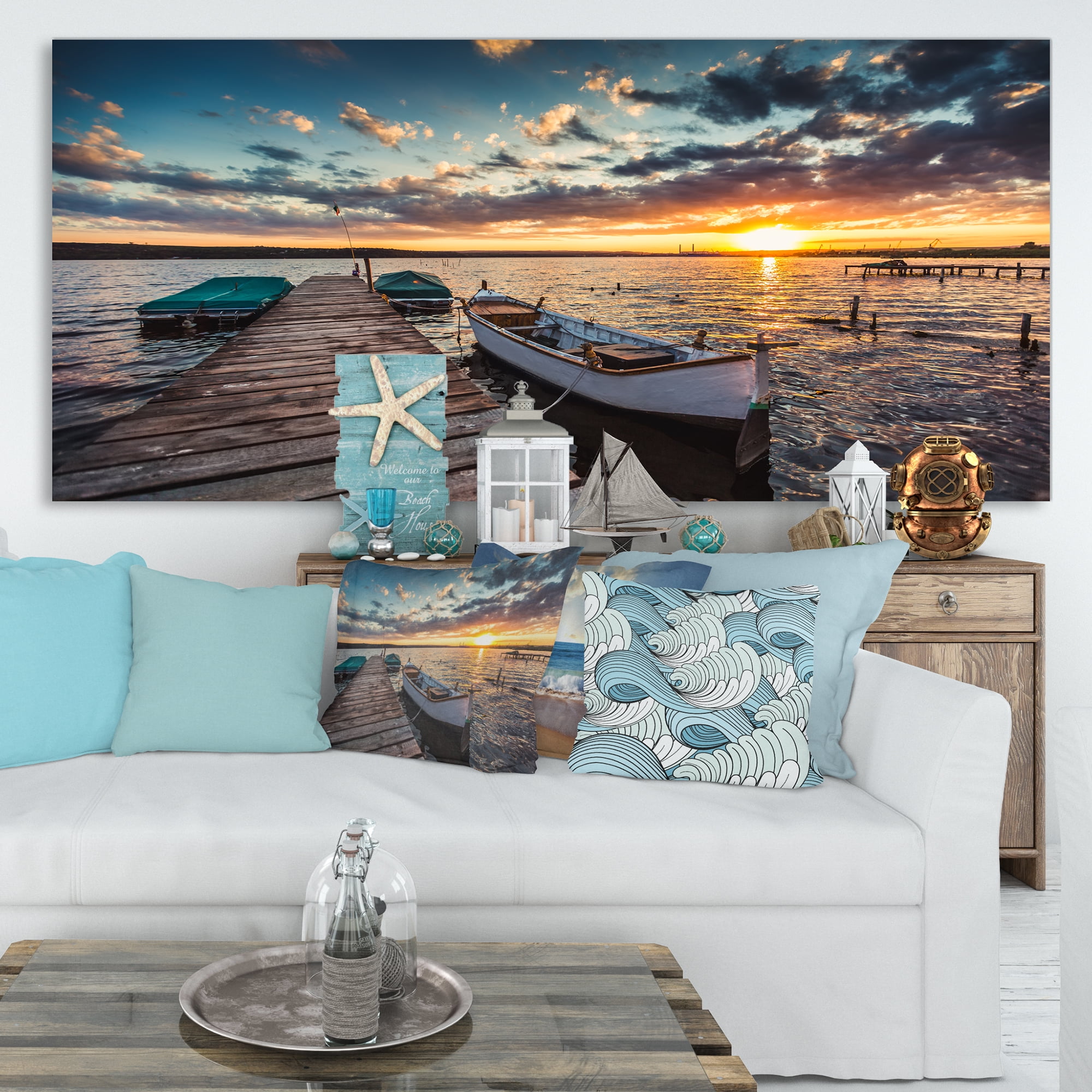 Designart 'Boats and Jetty under Dramatic Sky ' Modern Canvas Art Print