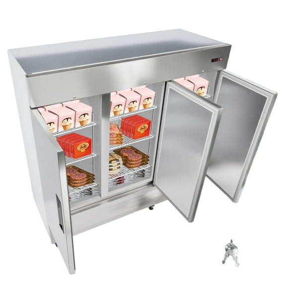KFFKFF Commercial Stainless Steel Upright Freezer, 85" Wide, 69 Cu.Ft Capacity with Three Doors, Auto-Defrost, 12 Adjustable Shelves, -11 to 14℉ Temperature Range, ETL Certified