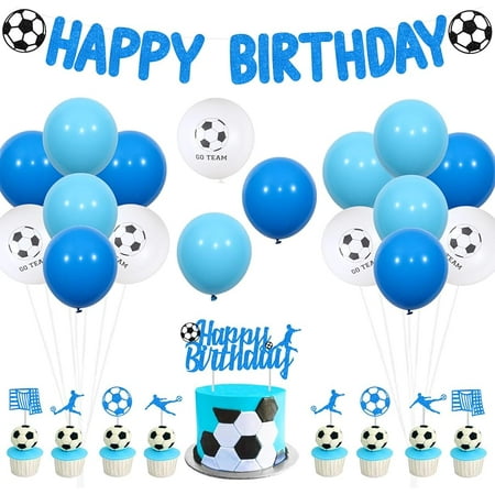 Football Birthday Decorations Blue and White for Boys, Soccer Happy Birthday Banner Cake Topper, Go Team Balloons, Football Fans Birthday Party Supplies Age 6 7 8 9 10