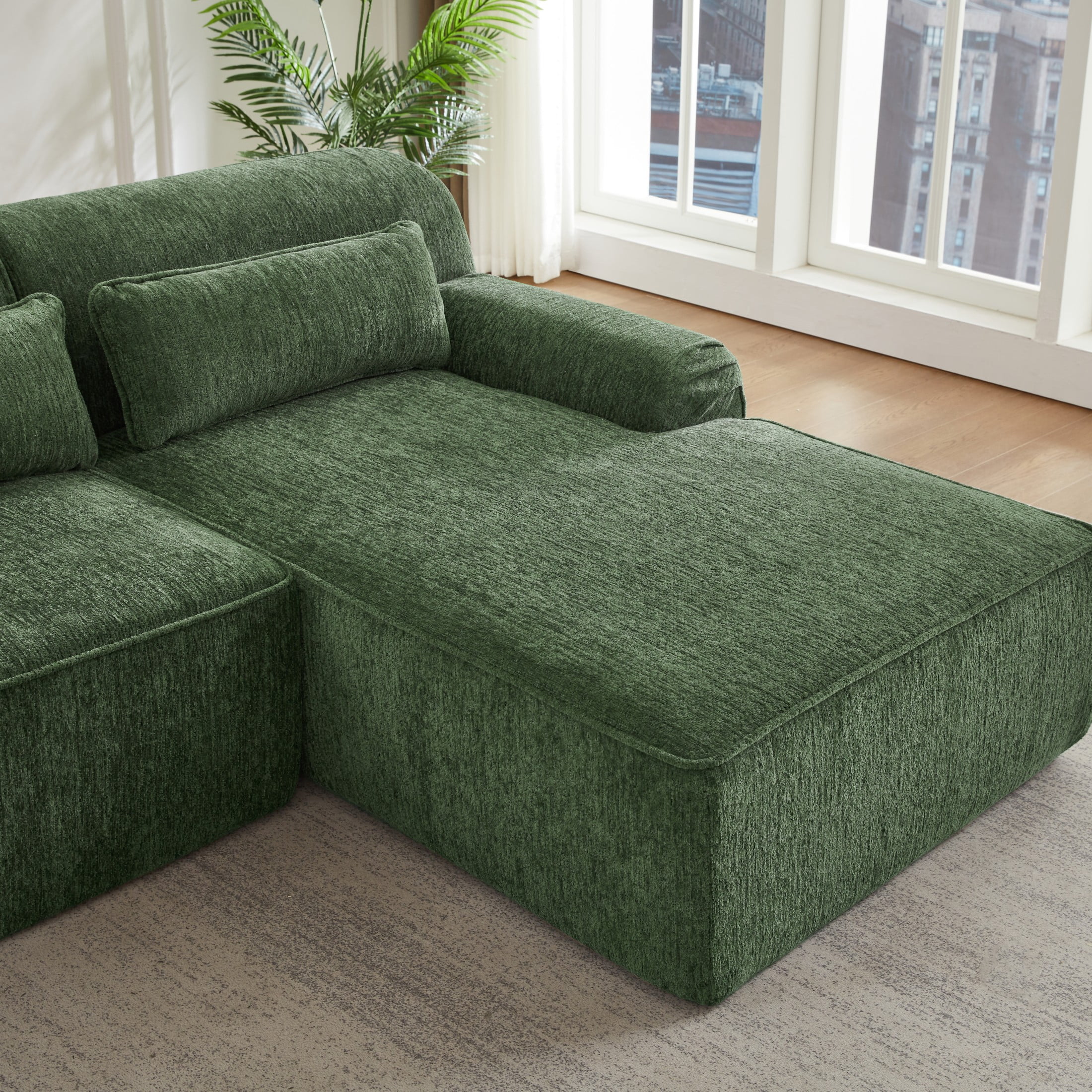 Aukfa 102.4" Modular Sectional Sofa with Right Facing L-Shape Chaise, Deep Seat Chenille Upholstered Couch with Lumbar Pillow, No Assembly Required, Green