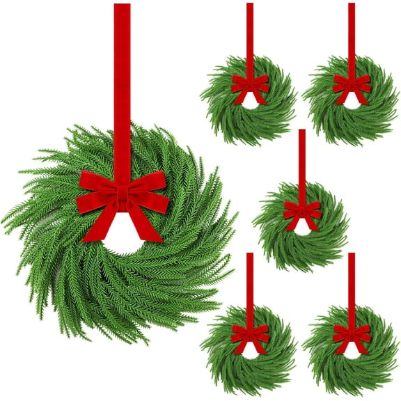 HaCpiu 6 Set Mini Christmas Wreath, Small Artificial Norfolk Farmhouse Wreaths with Red Bow Berry Pine Cone, for Fireplace Front Door Porch Wall Hanging, for Cabinet Kitchen Windows Decors