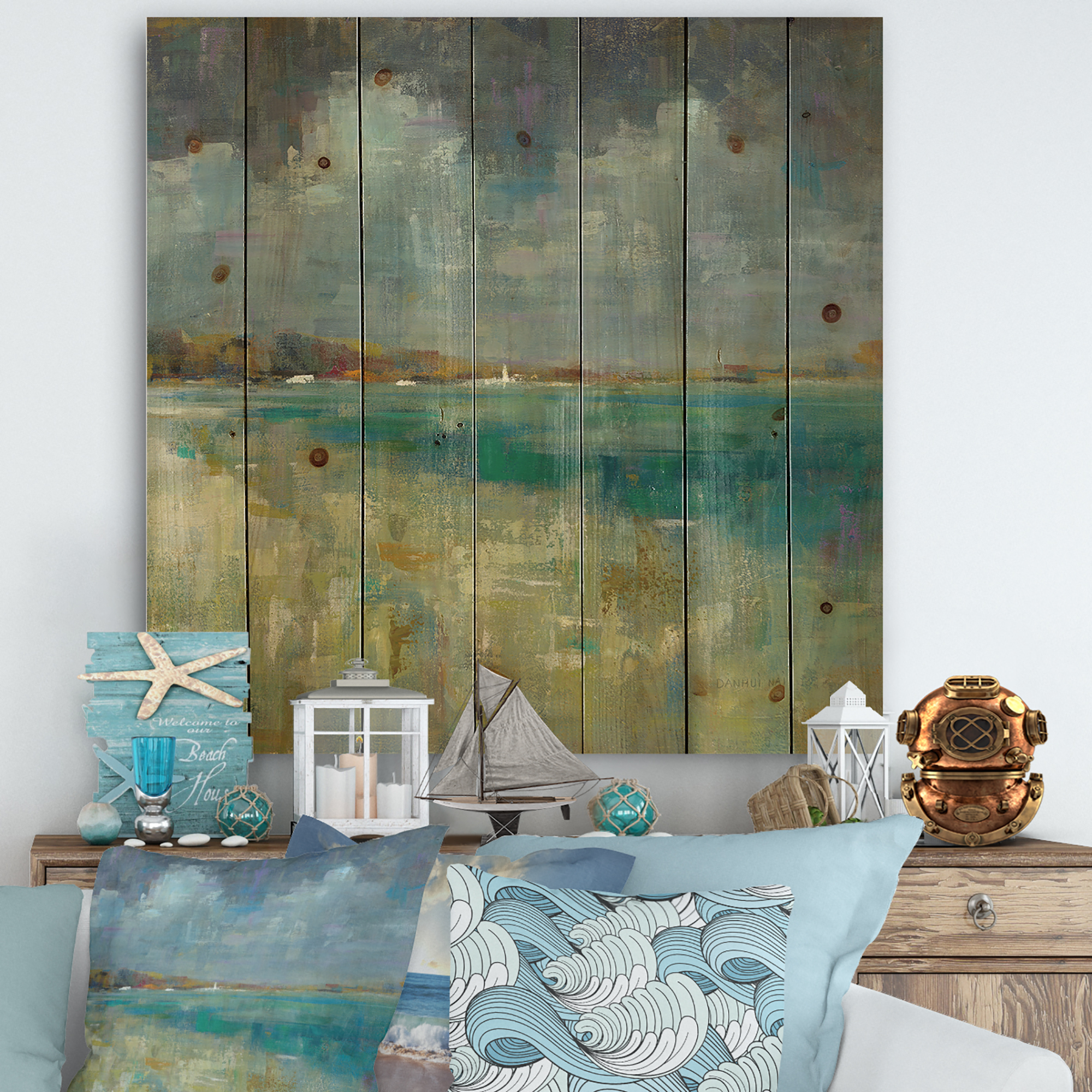 Designart 'Sky and Sea' Nautical & Coastal Print on Natural Pine Wood