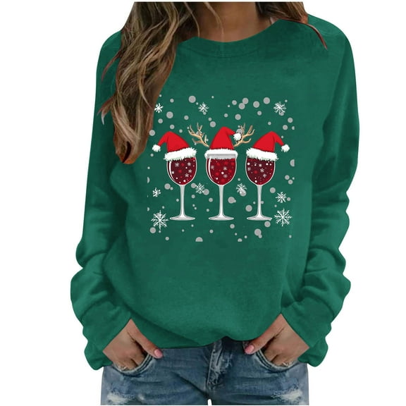MaFYtyTPR Women's Long Sleeve Tops Christmas Printed Fashionable Loose Casual Regular Hoodless Pullover Sweatshirt Top Army Green L