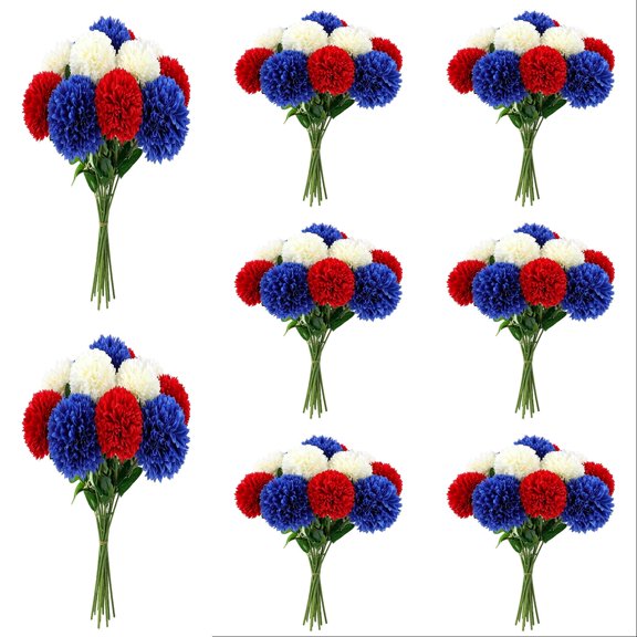 12-24pcs Artificial Chrysanthemums Flowers Patriotic 4th of July Mums Silk Red White Blue Flowers for Home Decor Indoor Memorial Day Table Centerpiece
