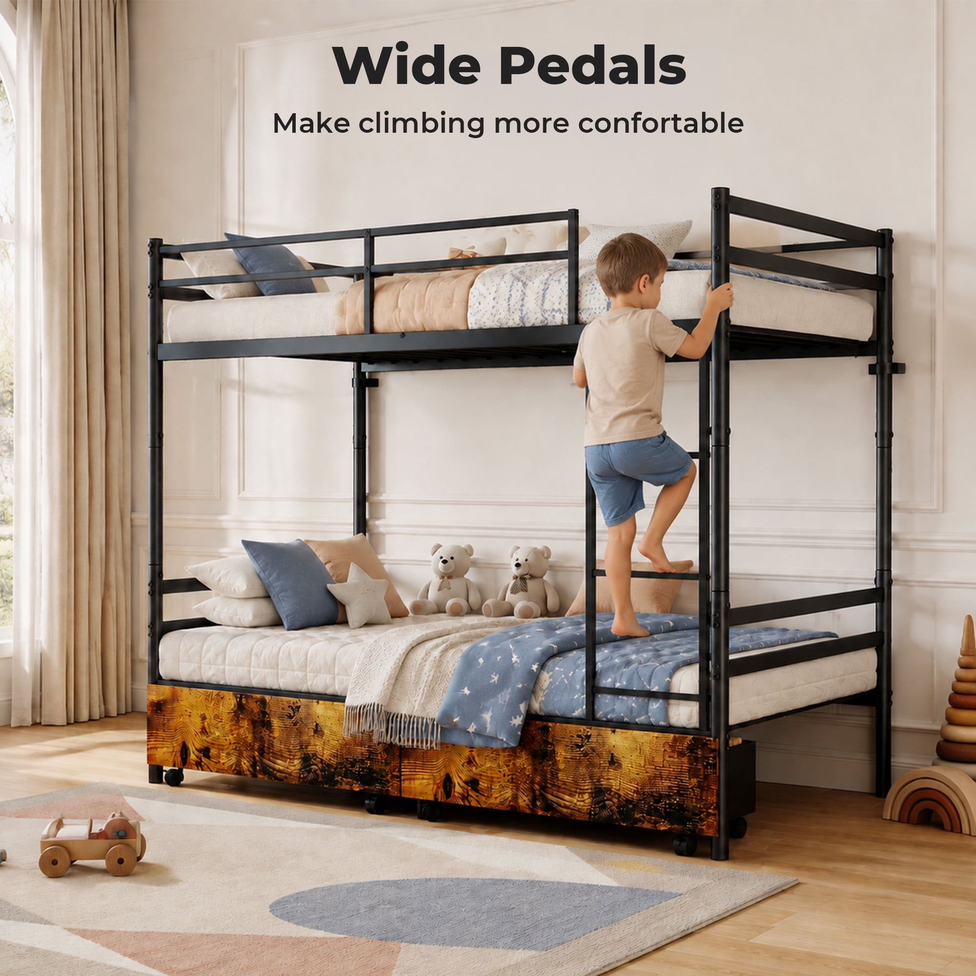 Alvantor Bunk Bed Twin over Twin for Kids, Metal Bunk Bed with Drawers, Converted Into 2 Twin Bed Black