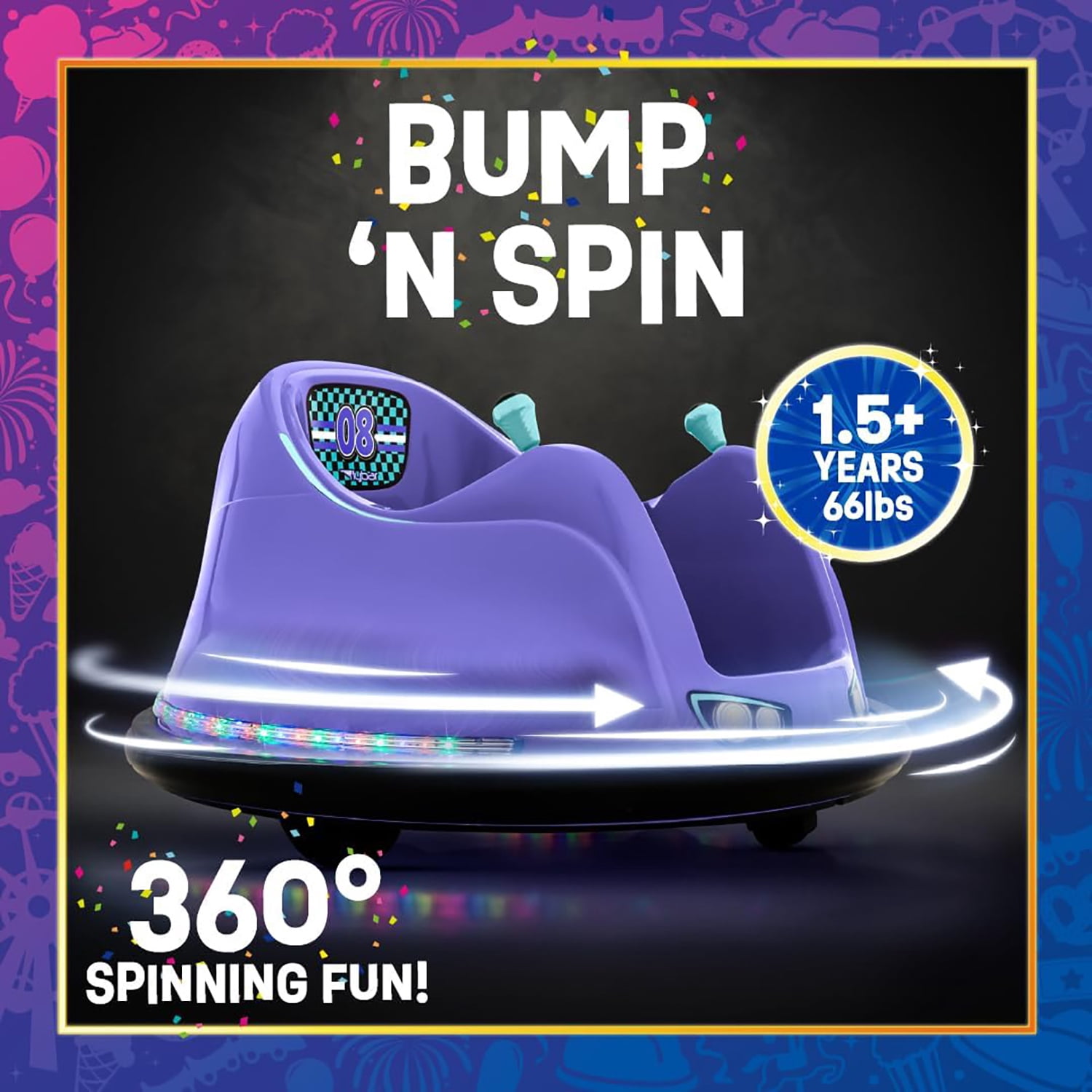 Flybar 6V Bumper Car for Toddlers Purple, Electric Ride on Toy for Kids Ages 1.5-4 w/ LED Lights & Safety Belt, 360 Degree Spin, Max Weight of 66 lbs