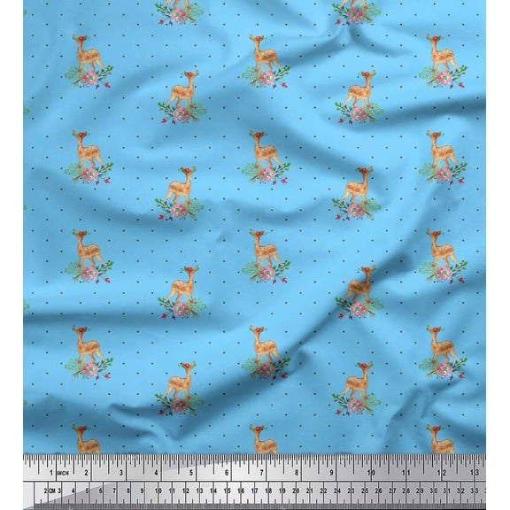 Soimoi Blue Cotton Duck Fabric Dot & Deer Animal Print Sewing Fabric Yard 42 Inch Wide