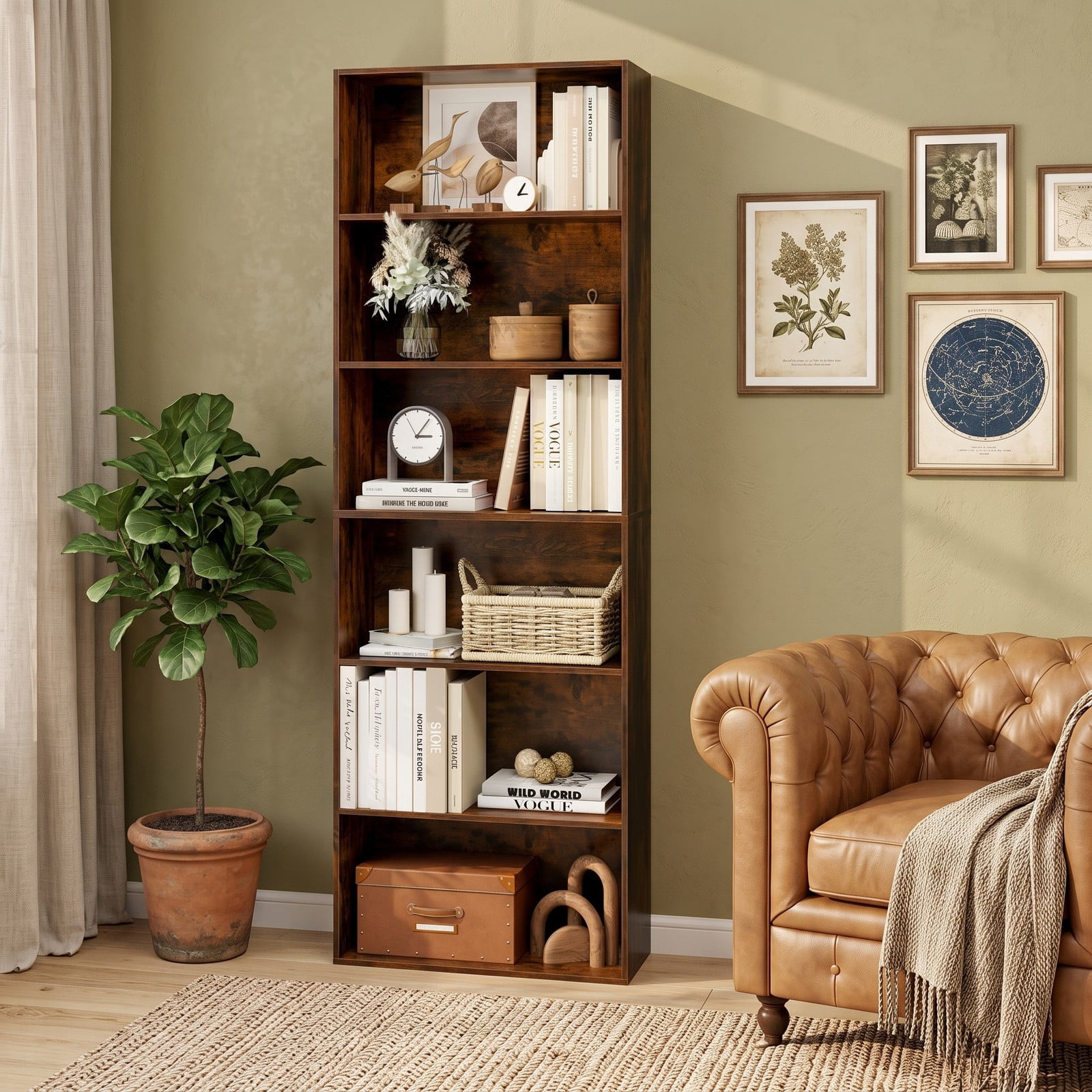 Furnibear 6-Tier Tall Bookcase with 6 Open Shelves, Freestanding Wood Bookshelf Storage Organizer with Anti-Toppling Kits for Living Room Study Home, Rustic Brown
