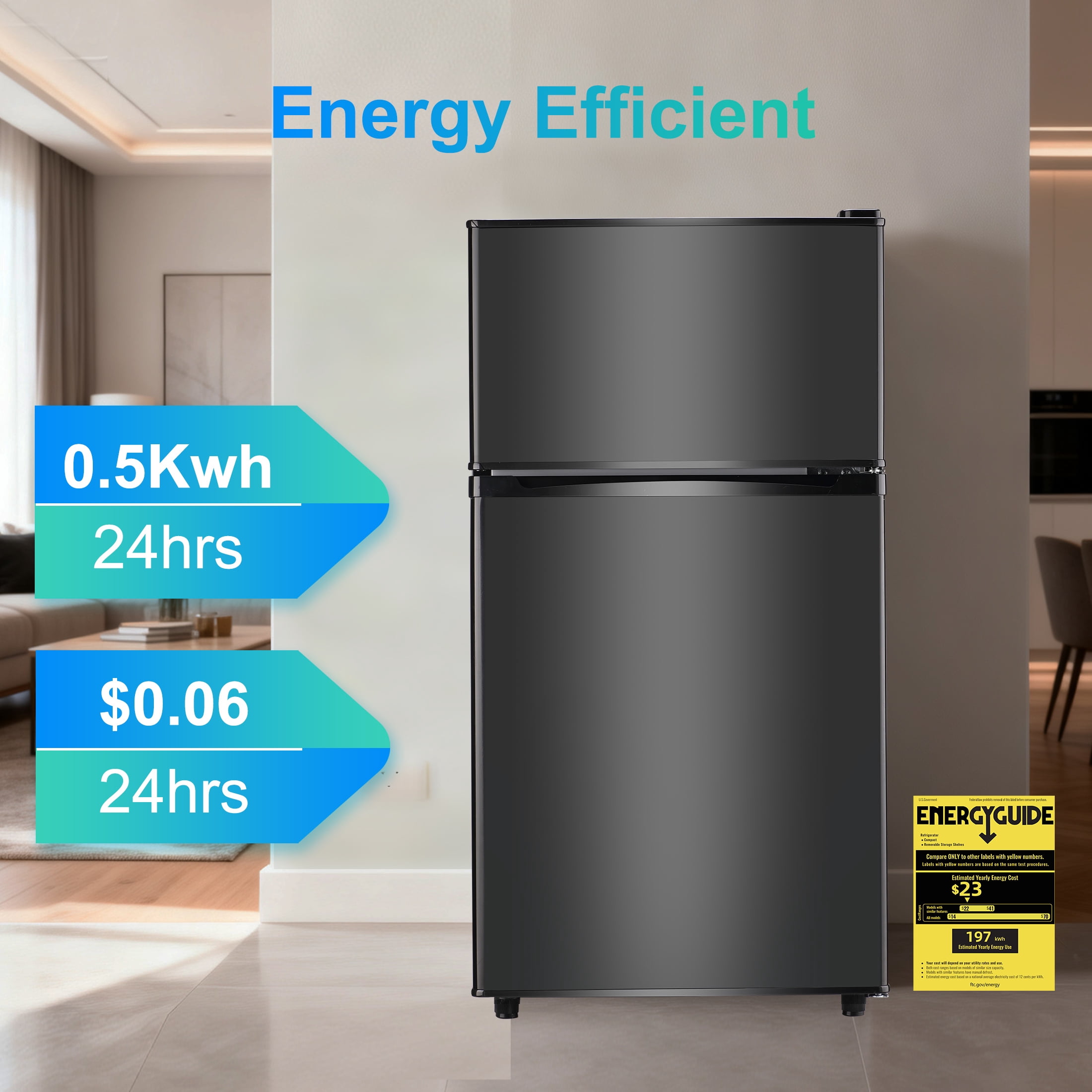 3.5 Cu ft Two Door Mini Fridge with Freezer,Apartment Size Refrigerator,Dark Grey,New