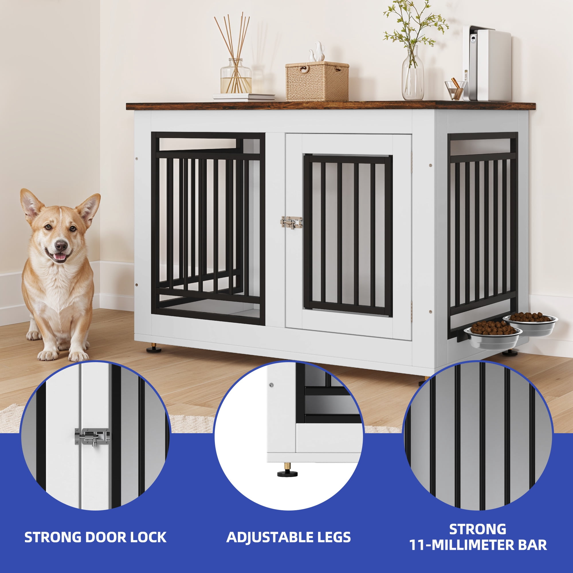 ModFusion 35-Inch Single-Door Dog Kennel with Feeding Bowls, Wooden Furniture-Style Pet Crate for Small to Medium Dogs, White & Black