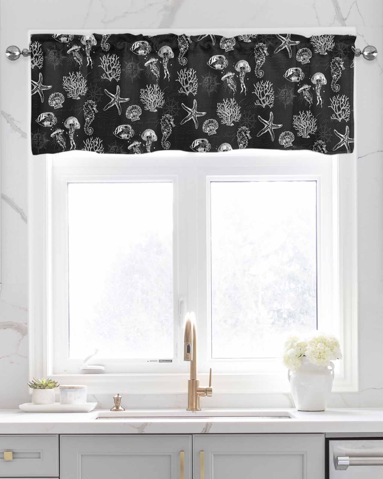 Black Coastal Kitchen Valances for Windows Farmhouse Linen Window Valance Curtain for Living Room Window Treatment Nautical Starfish Jellyfish Seahorse Valance Rod Pocket Topper Drape, 42 x 18 Inch