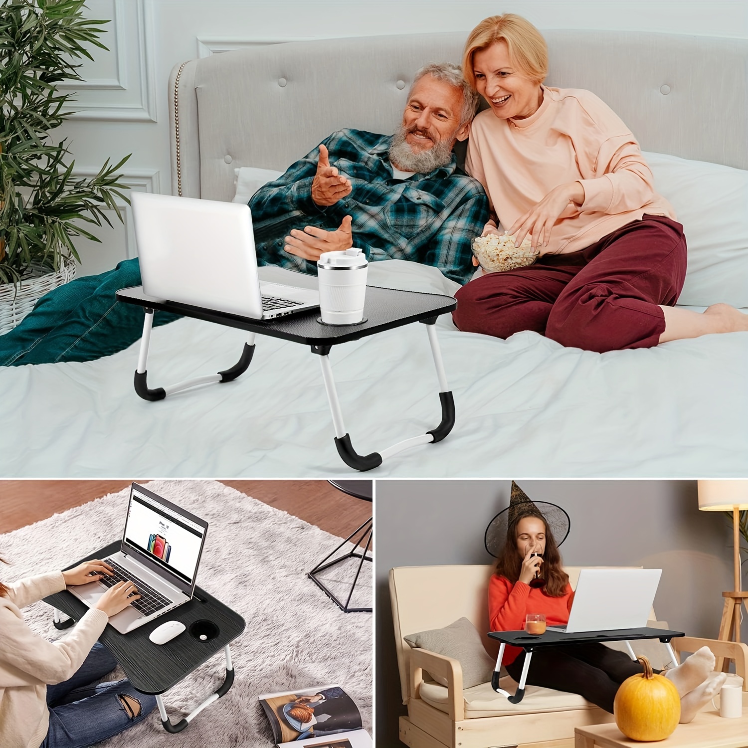 VINAUO Lap Desk with Drawer, 23.6" Extra Large Foldable Laptop Bed Tray Table with Cup Holder & iPad Slot, Portable Breakfast Bed Trays for Working, Eating, Writing on Bed Couch, Black