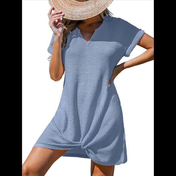 Vestido Informal con Cuello en V y Protección Solar, Color Azul , Talla XXL