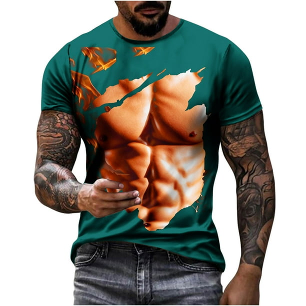 Camisetas de Manga Larga de los Hombres Casual Muscle Print Graphic Tee, Camiseta de Cuello de Tripulación de Manga Corta para las Vacaciones Diarias