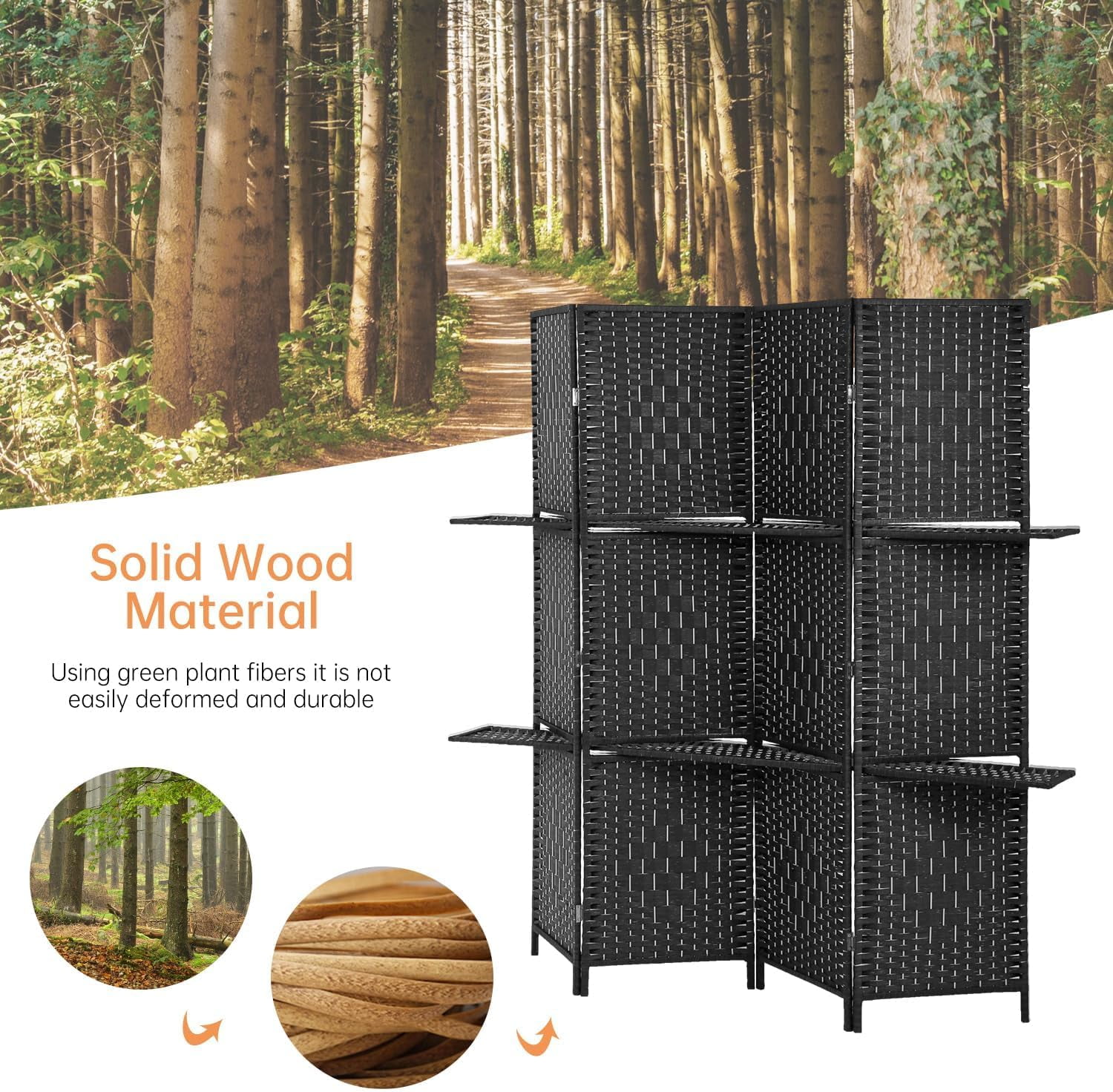 Dkelincs 71 inch Wooden Room Dividers 4 Panel Portable Folding Privacy Screen with Shelves, Black