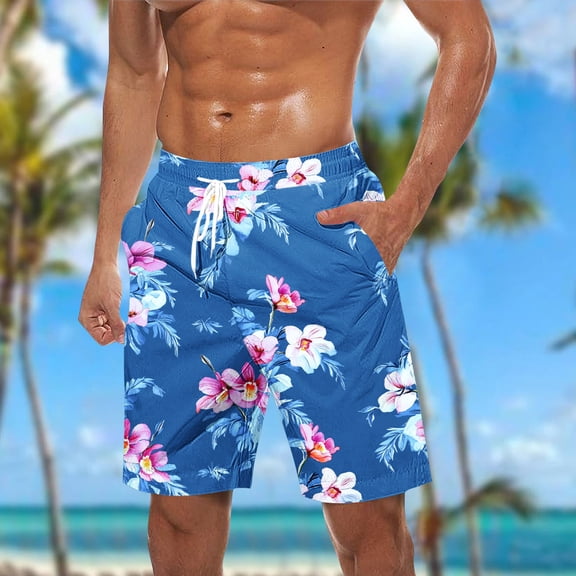 Viikei Men's Athletic Shorts with Pockets,Men Casual Fashion Print Shorts with Pockets Elastic Waist Beach Pants Dark Blue S