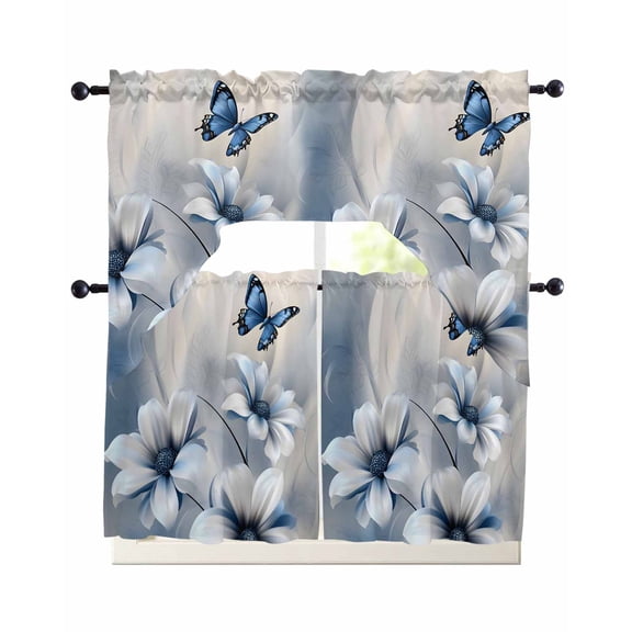 Elegant Floral Swag Curtains for Living Room/Bedroom Windows, Modern Rustic Blue Butterfly Flowers Kitchen Curtains and Valances Set 36 Inch Length, Light Filtering Swags Valance Curtain Panels