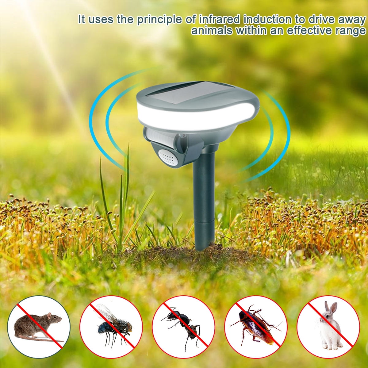 Gpoty Outdoor Solar Animal Repeller Ultrasonic Animal Pest Repellent  Waterproof with Motion Sensor & Light for Cats Dogs Squirrel Rat Foxes  Snake Deer Wild Animals 