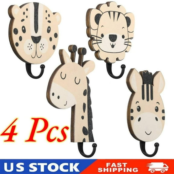 4 Pcs Safari Animal Decorative Wall Hooks Kids Wooden Hooks Towel Hanger Decor