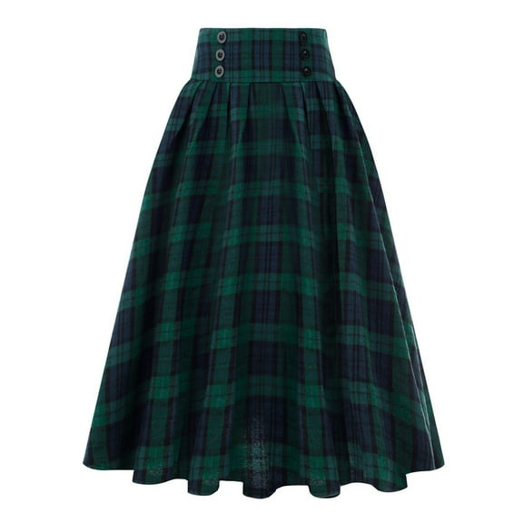 MRULIC skirts for women Women Fashion Casual Plaid SkirtWith Pockets Vintage High Waist Pleated Skirt Green L