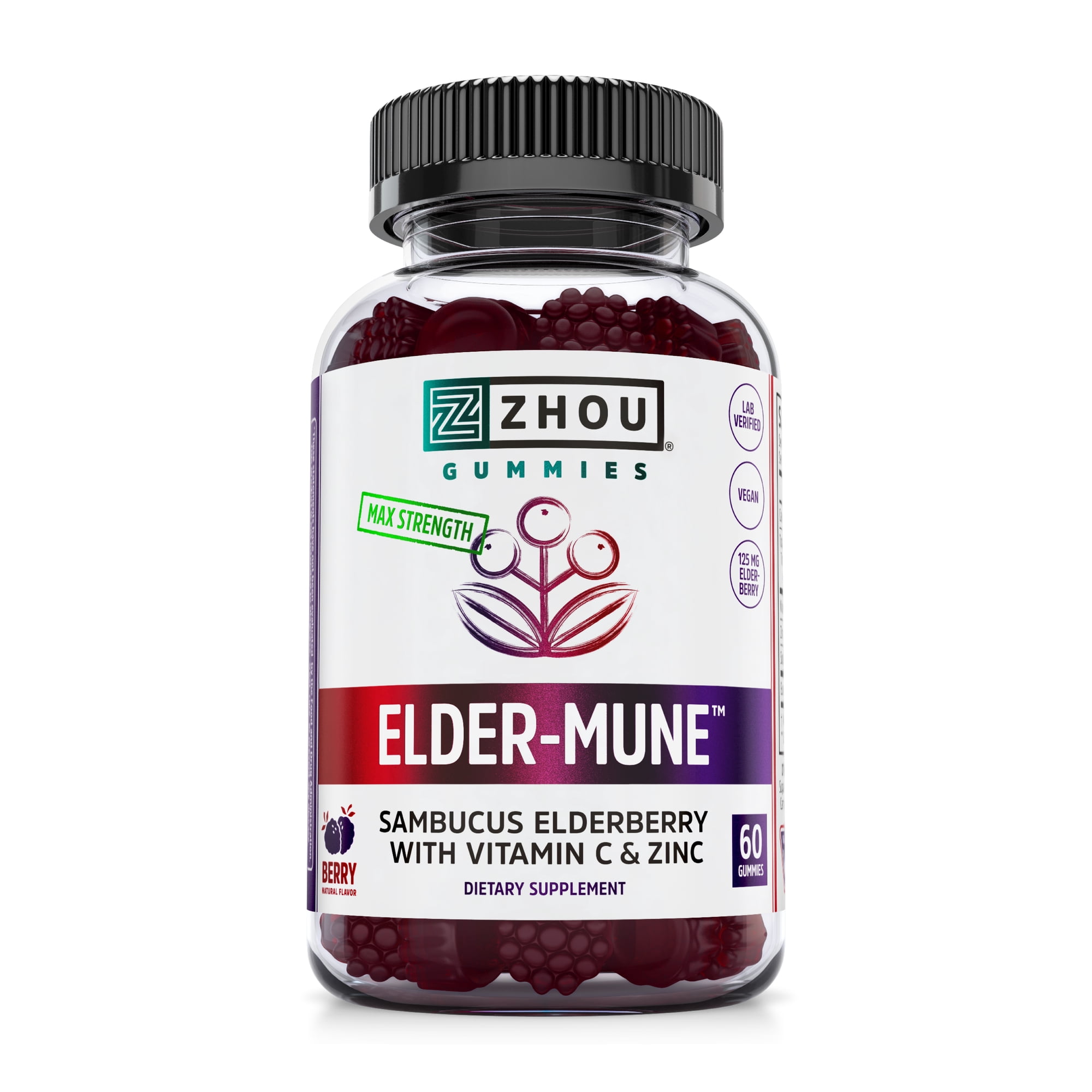 Zhou Nutrition Elder-Mune Sambucus Elderberry Gummies with Zinc and Vitamin C for Kids & Adults (Age 4+) Immune Support with Antioxidants, Vegan, Gluten Free, Non-GMO, 30 Servings, 60 Gummies