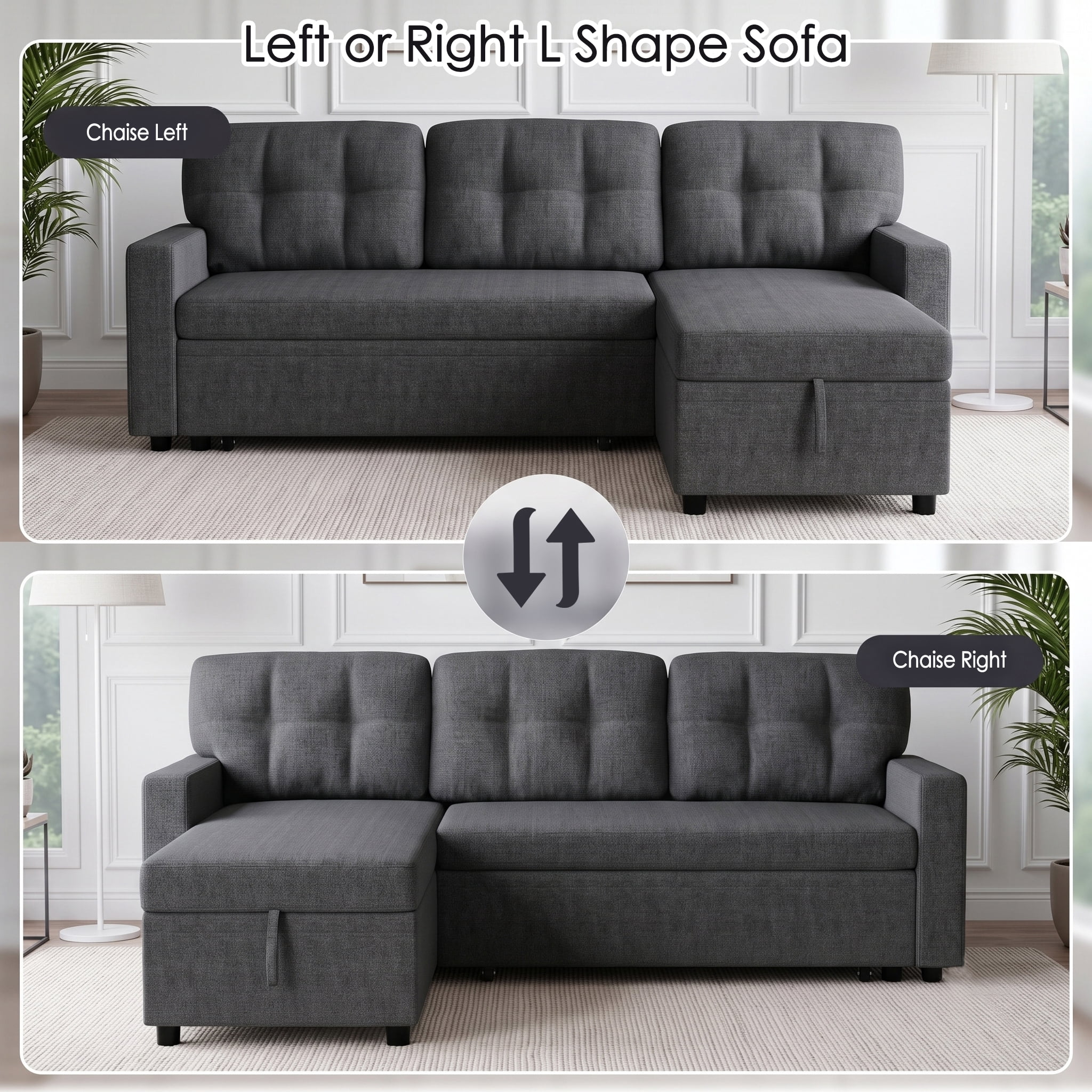 avobird 82" L Shaped Sleeper Sofa Bed, 3-Seat Convertible Sectional Couches with Storage Chaise, Linen Fabric Pull Out Couch for Living Rooms, Apartment, Dark Gray