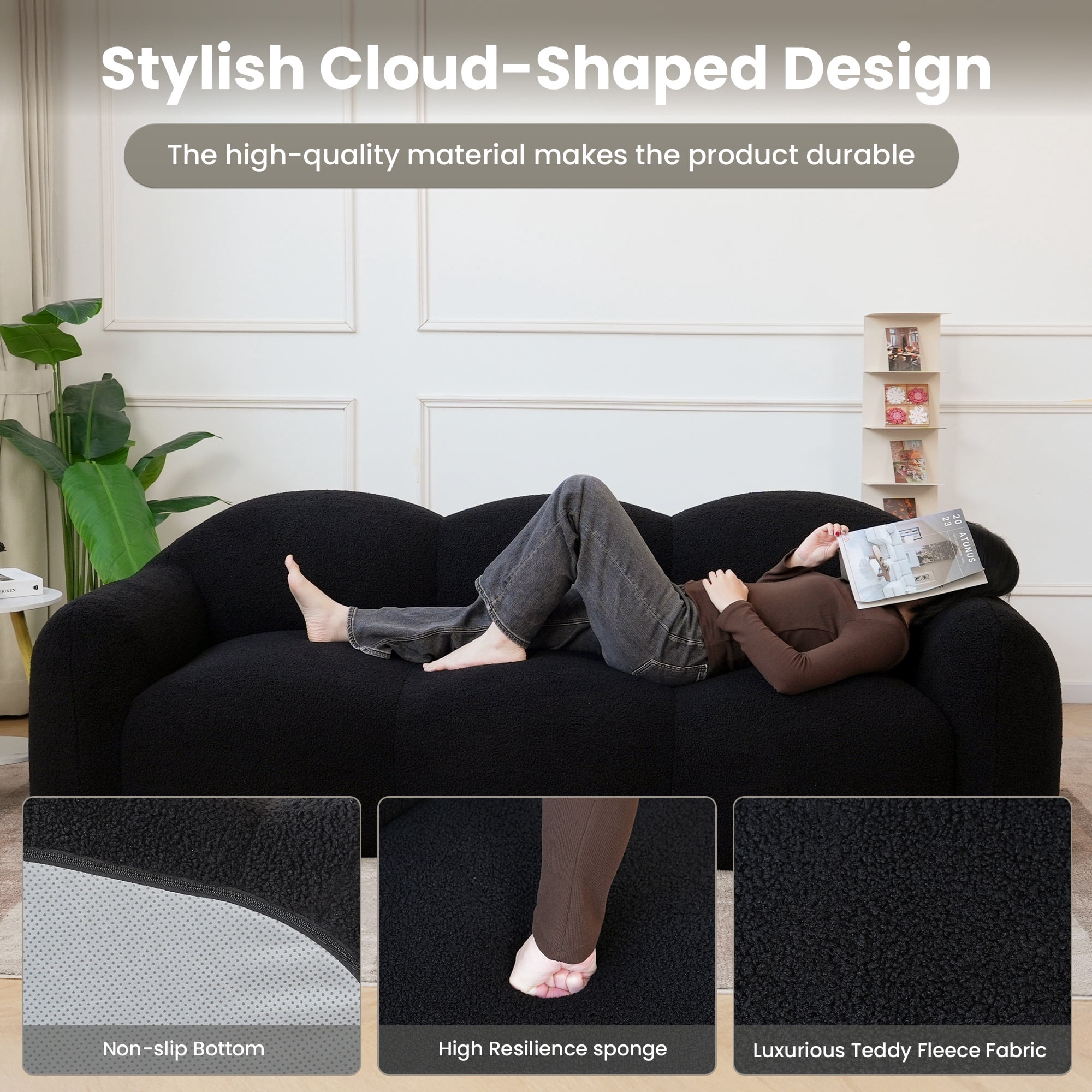 The Magic Home 90" Modern Cloud Couch for Living Room, Boucle LoveSeat 3 Seater Sofa, Plush Floor Sofa Couch for Bedroom, Apartment, Small Space (Black Couch, No Assembly Required)
