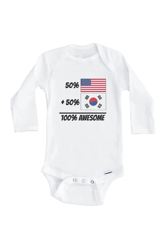 50% American Plus 50% Korean Equals 100% Awesome Cute South Korea Flag One Piece Baby Bodysuit (Long Sleeve), 0-3 Months White