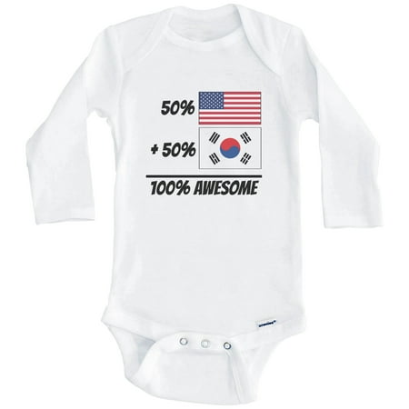 

50% American Plus 50% Korean Equals 100% Awesome Cute South Korea Flag One Piece Baby Bodysuit (Long Sleeve) 3-6 Months White