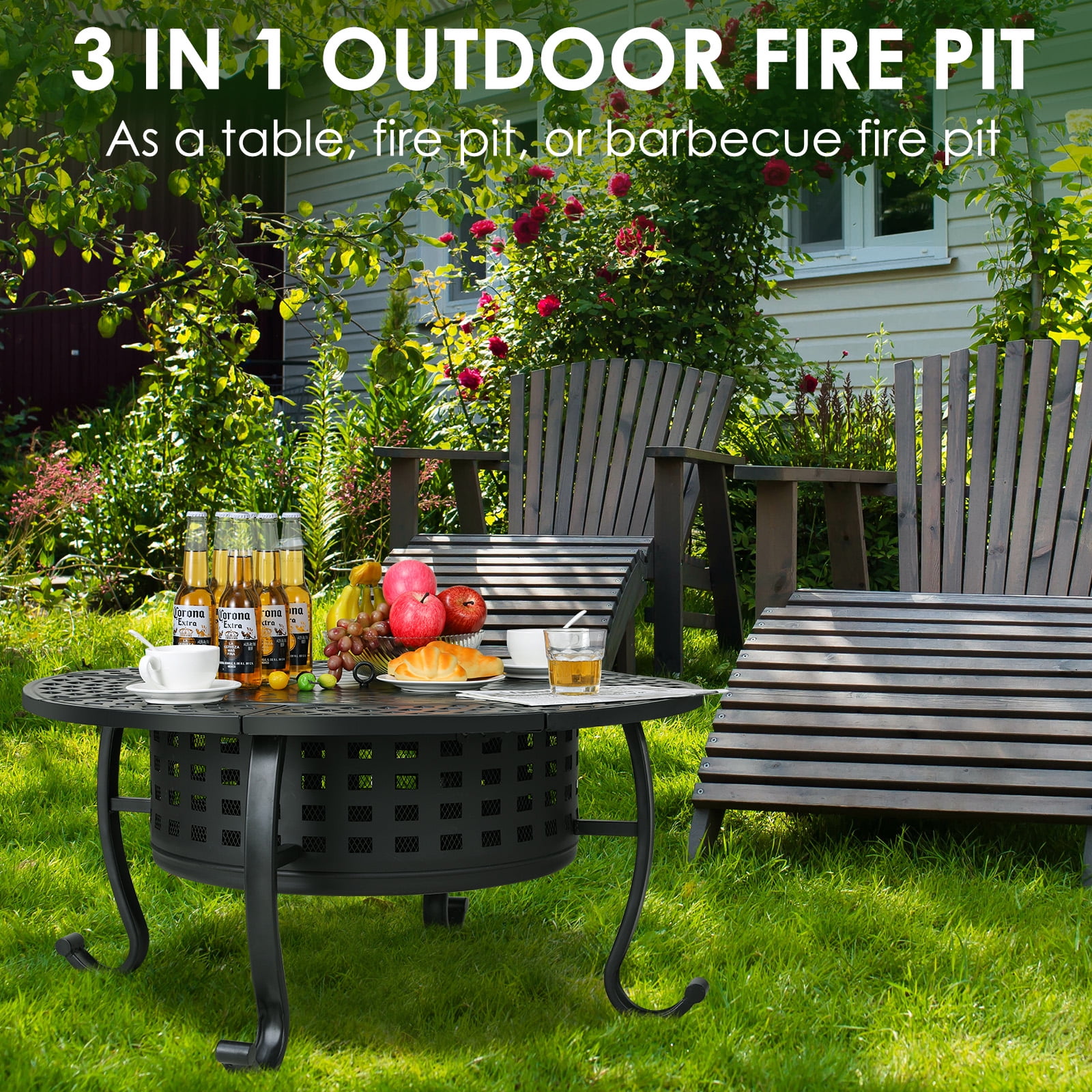 Arlopu Metal Fire Pit for Outside, 37'' Round Fire Pit Patio Wood Burning Fire Pit Table with Cooking BBQ Grills & Lid for Outdoor Camping Picnic Bonfire Party