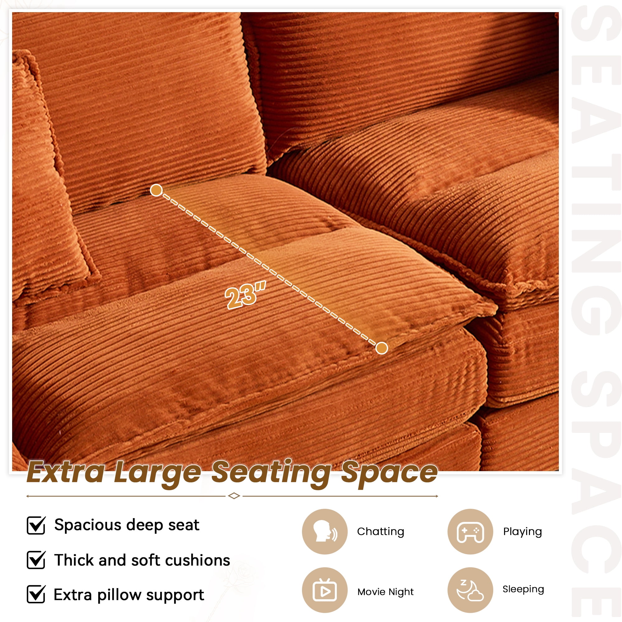 Dinosisco 84"L Deep Seat Sofa, Corduroy Upholstered Sleeper Couch for Living Room, Orange