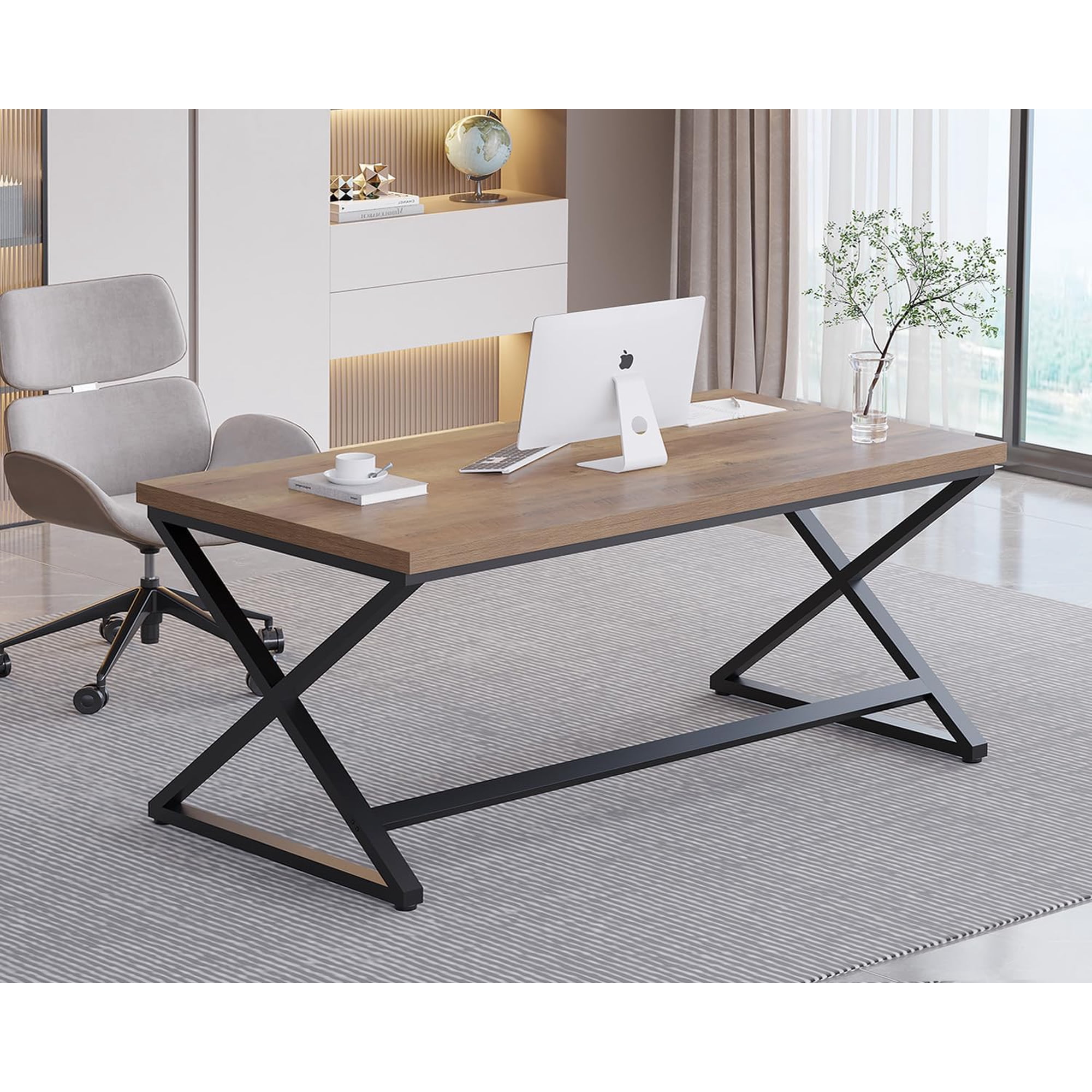 IBF 60” Rustic Computer Desk, Modern Wood Metal Home Office Desk, Farmhouse Work Desk for Writing Study in Bedroom, Minimalist Laptop Executive Workstation Computer Gaming Table, Rustic Oak, 60 in