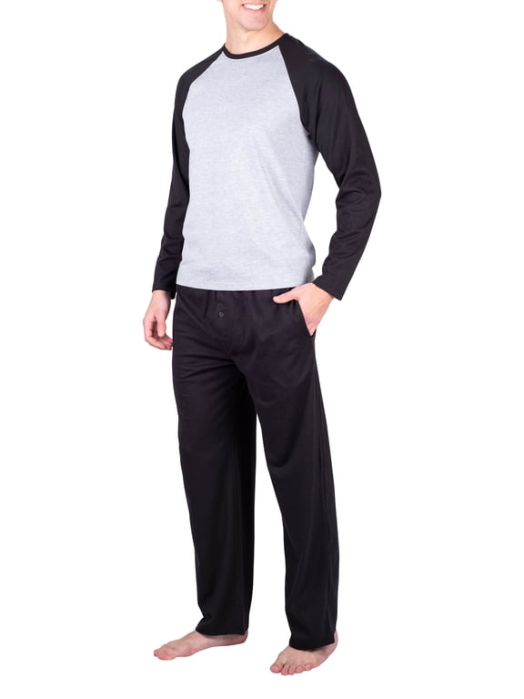 Mens Pajama Set Long Sleeve 2 Piece Raglan Mens Sleepwear Set Pjs for Men Heather Grey w/ Navy Medium